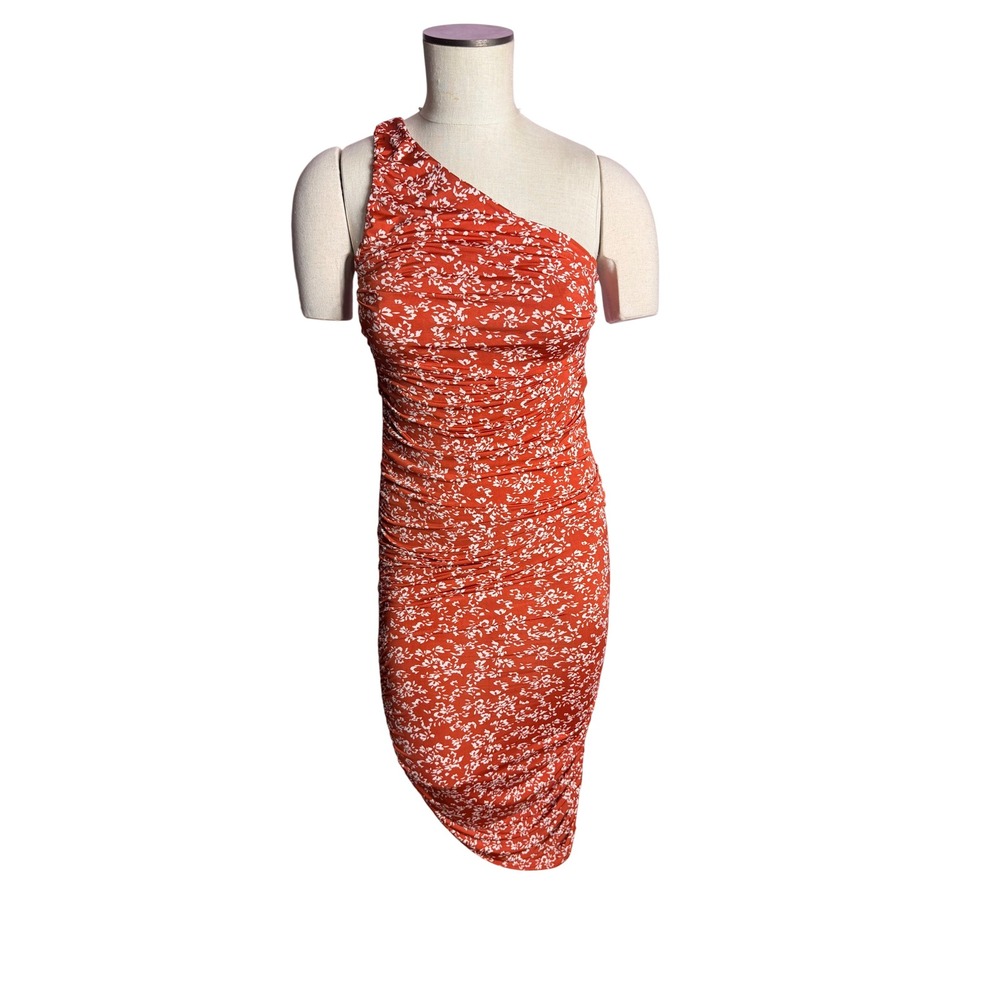 Endless Blu One Shoulder Dress S Rust Floral Ruched Bodycon DND1267